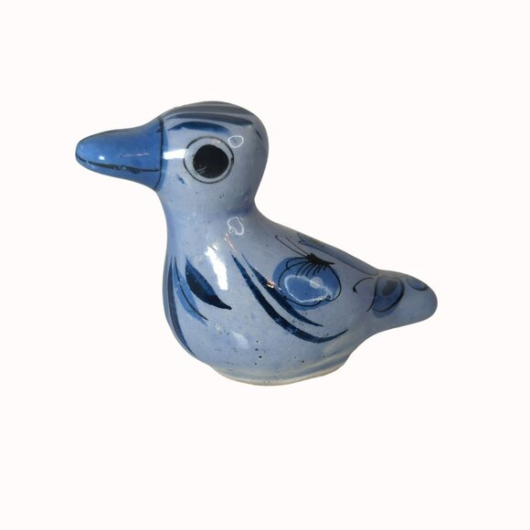 Vintage Mexican Folk Art Stoneware Ceramic Bird Figurine Hand-Painted Blue - Picture 1 of 5